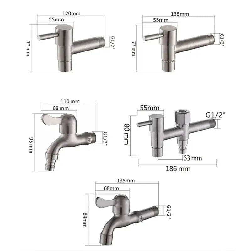 Brushed stainless garden faucet by Simples Market; wall-mounted bibcock, image shows dimensions and G1/2 connections