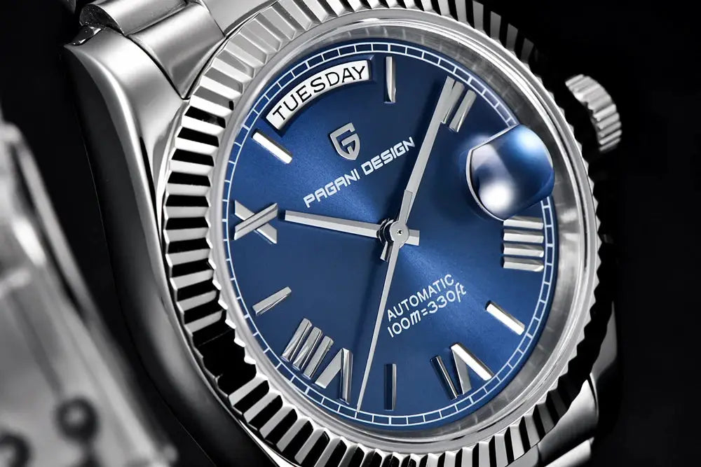 PAGANI DESIGN men's blue dial automatic wristwatch with stainless steel band and fluted bezel