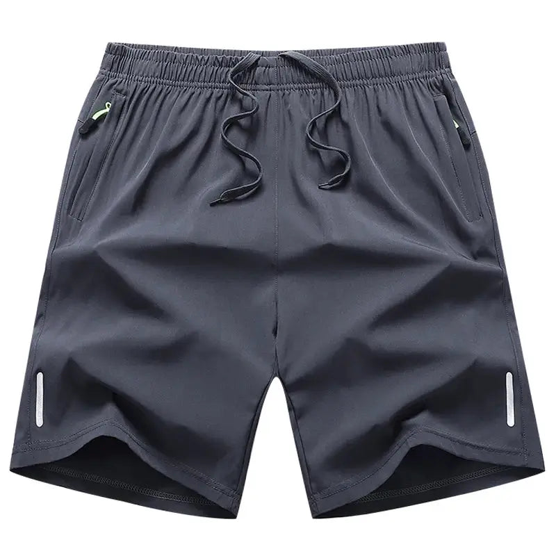 Men's sports shorts by Simples Market, charcoal gray with drawstring waist, zip pockets and reflective accents
