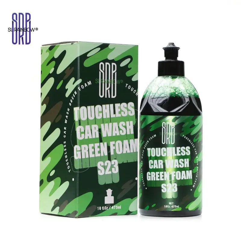 Green Foaming Car Wash Soap by Simples Market bottle and box; two-piece green camouflage packaging.