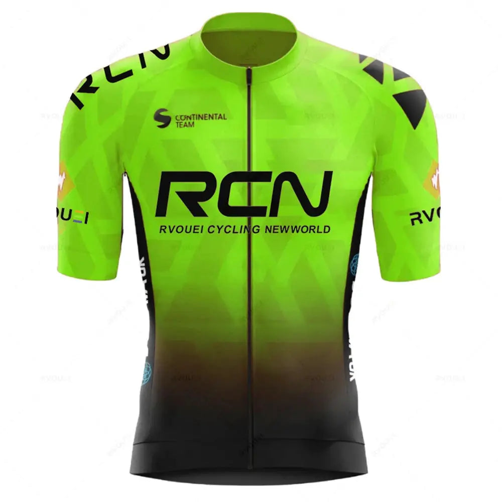 Neon green cycling jersey with black gradient hem, front zipper, RCN logo across chest, breathable short-sleeve kit