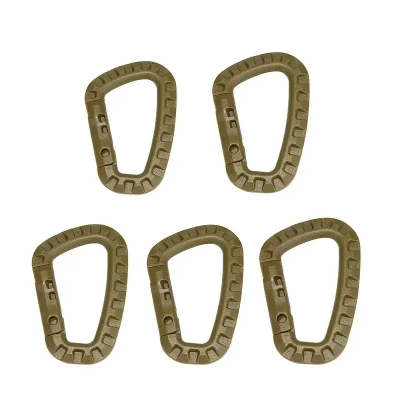 Five tan tactical carabiner clips with D-ring buckles for outdoor gear