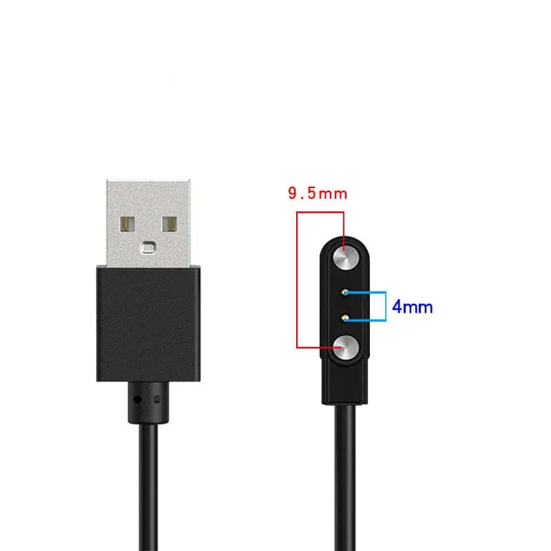 Smartwatch dock charger USB cable, black with two metal contact pins