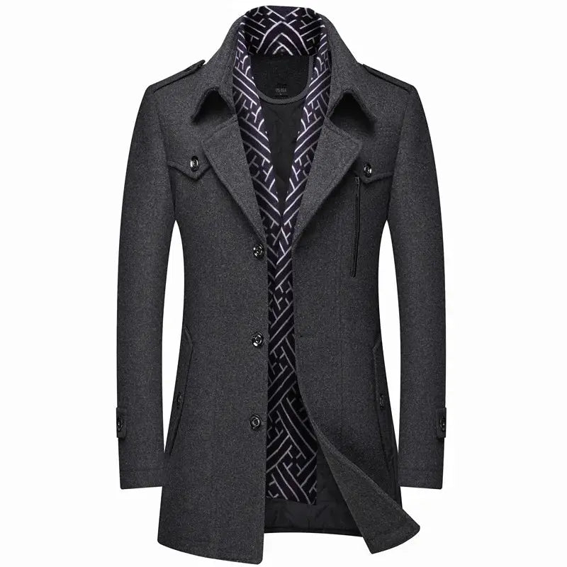 Men's dark gray wool coat with patterned scarf, mid-length trench-style overcoat