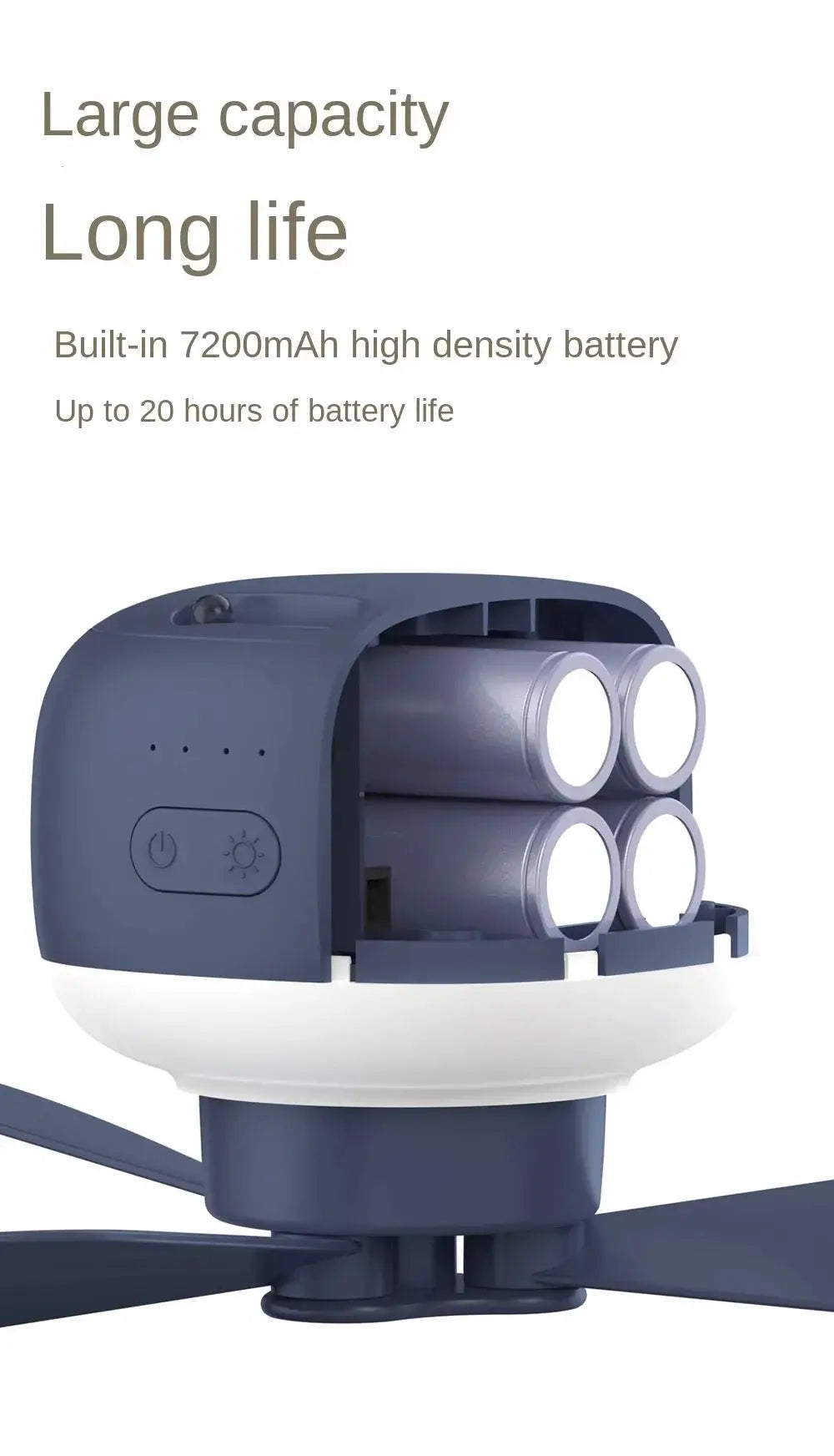 Blue portable wireless mini ceiling fan with built-in battery and side control panel