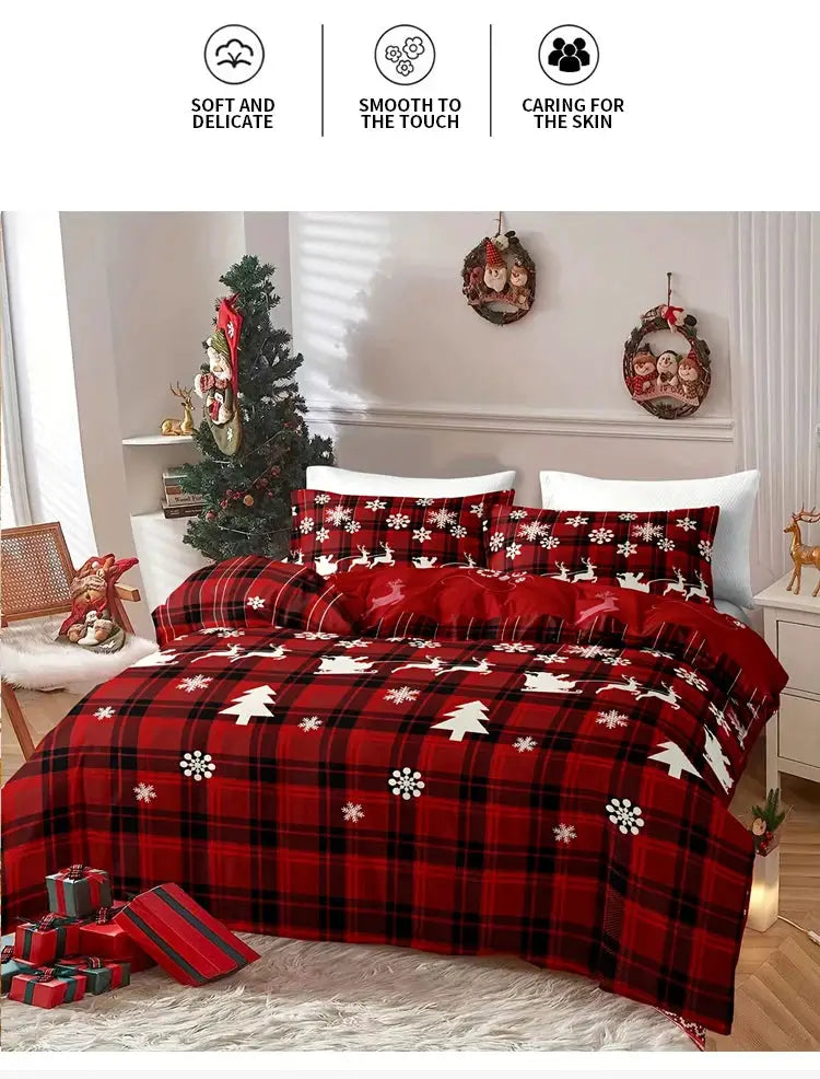 3-Piece Christmas Duvet Cover Set in red plaid with elk silhouettes and snowflakes