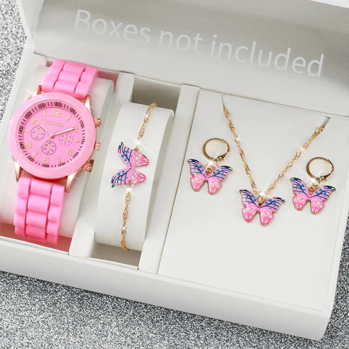 Pink silicone-band women’s watch with butterfly jewelry set (bracelet, necklace, earrings) by Simples Market