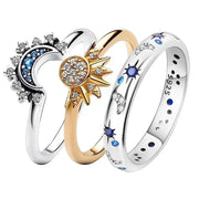 New Celestial Blue Sparkling Moon Sun Star Crystal Ring for Women Fashion Elegant Stackable Band Jewelry Gifts