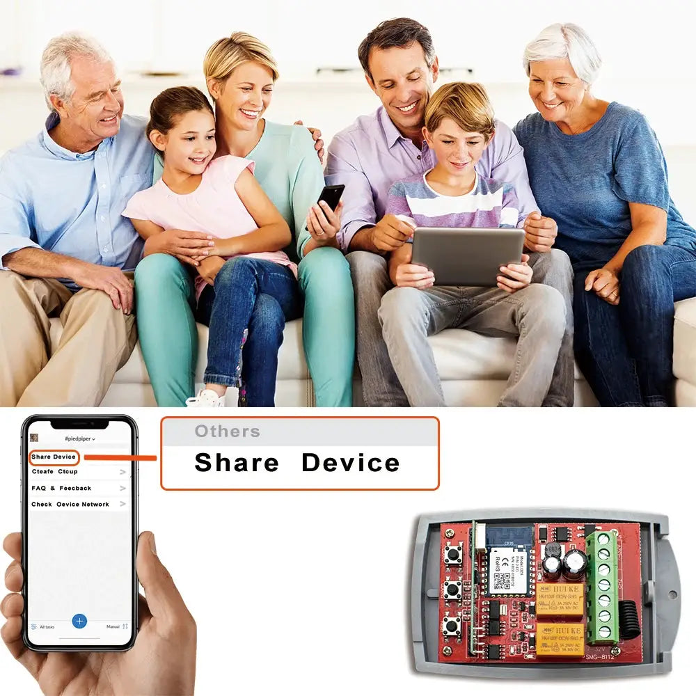 Smart Wifi Door Switch 2CH Garage Receiver with Tuya app shown on a smartphone beside a tablet in a family setting
