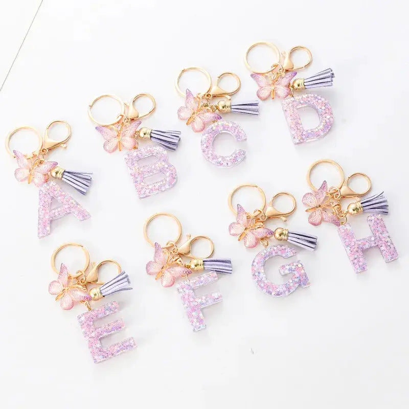 Sequin Letters Keychain For Women With Tassel Butterfly Pendant Initial Key Ring Purse Charm Car Key Chain Accessories