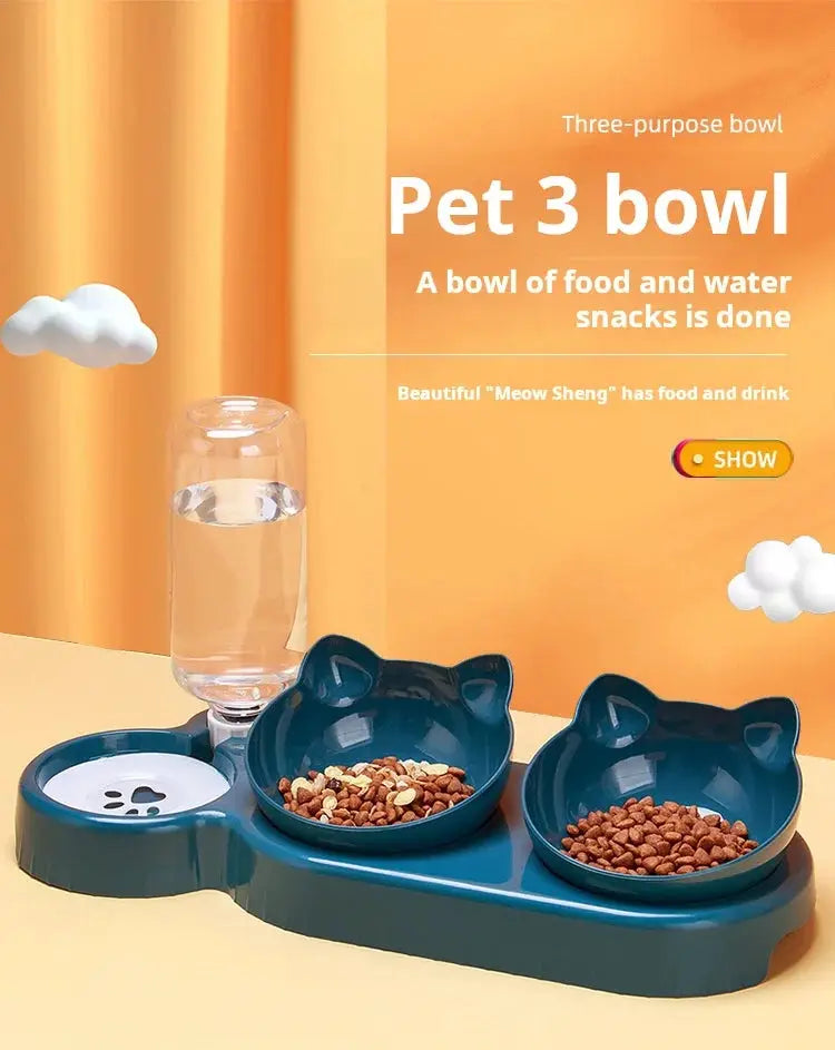 Blue cat-ear pet bowls set with gravity water bottle on a shared base; includes two food bowls and a water bottle.