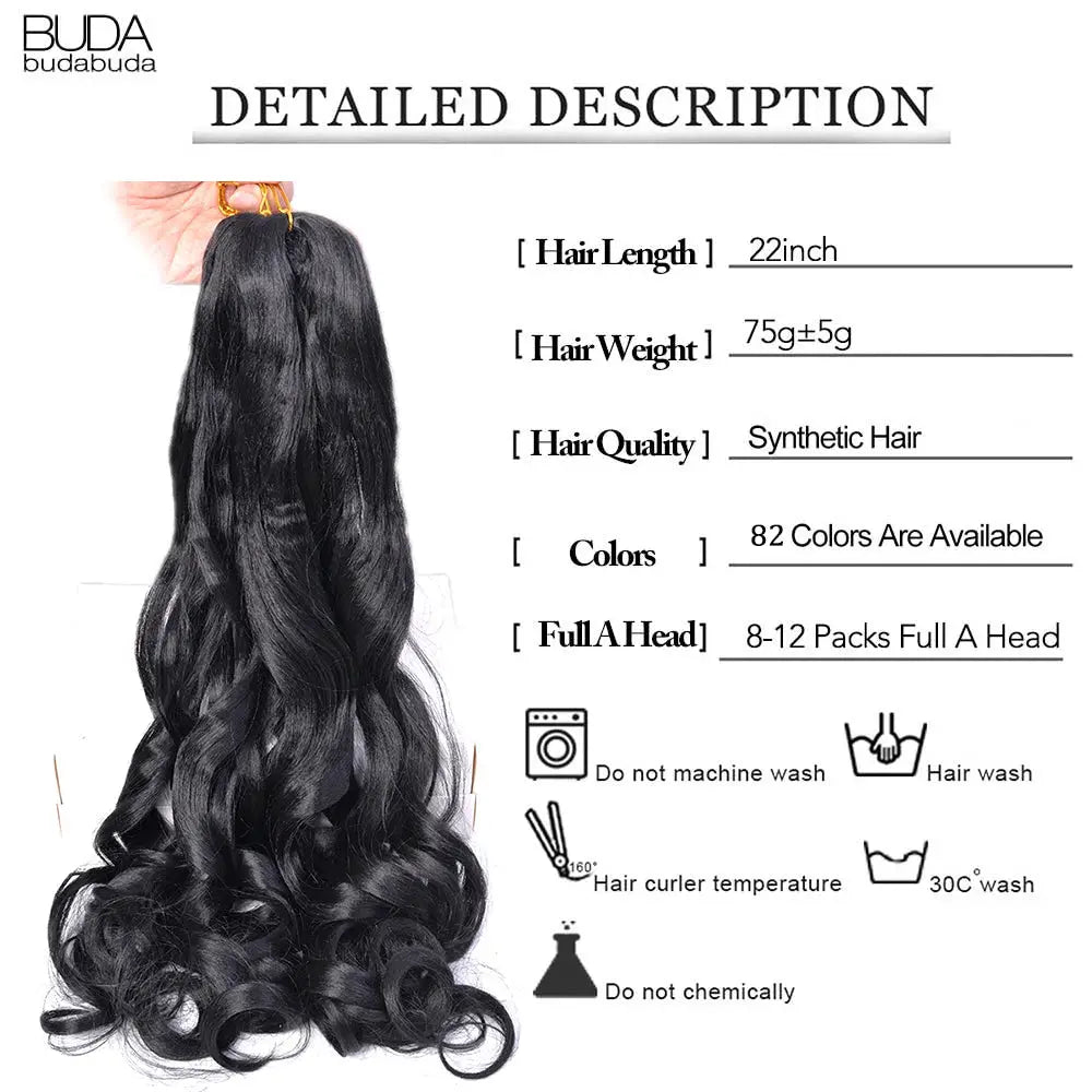 French curls braiding hair extensions, black synthetic 22-inch, BUDA budabuda logo