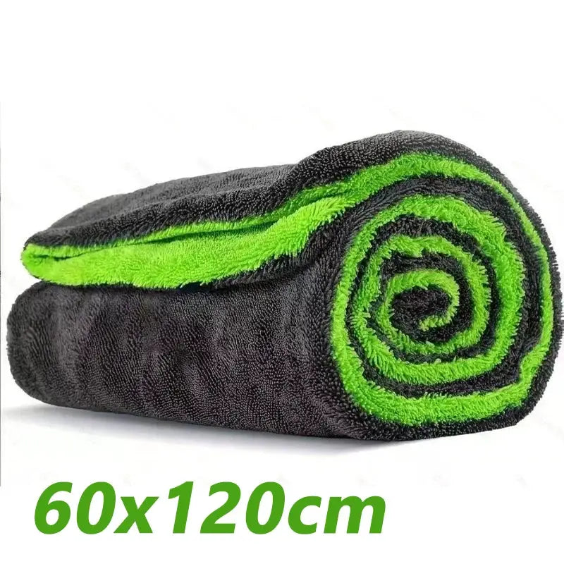 Simples Market 1400GSM car drying towel, 60x120cm oversized, double-sided, black/grey with neon green edge.