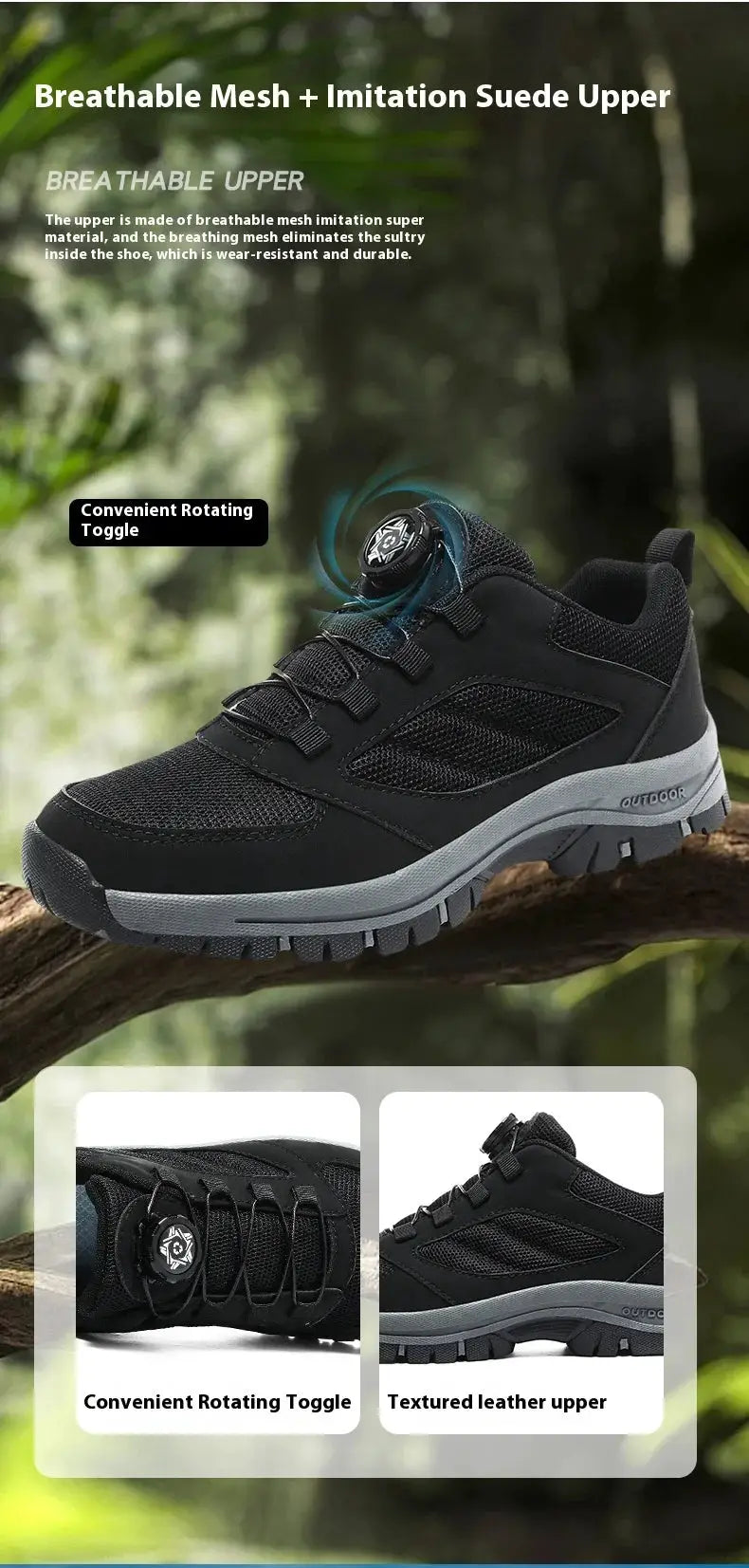 Men's outdoor hiking shoes by Simples Market, rotating buckle, breathable mesh upper, black anti-slip sole