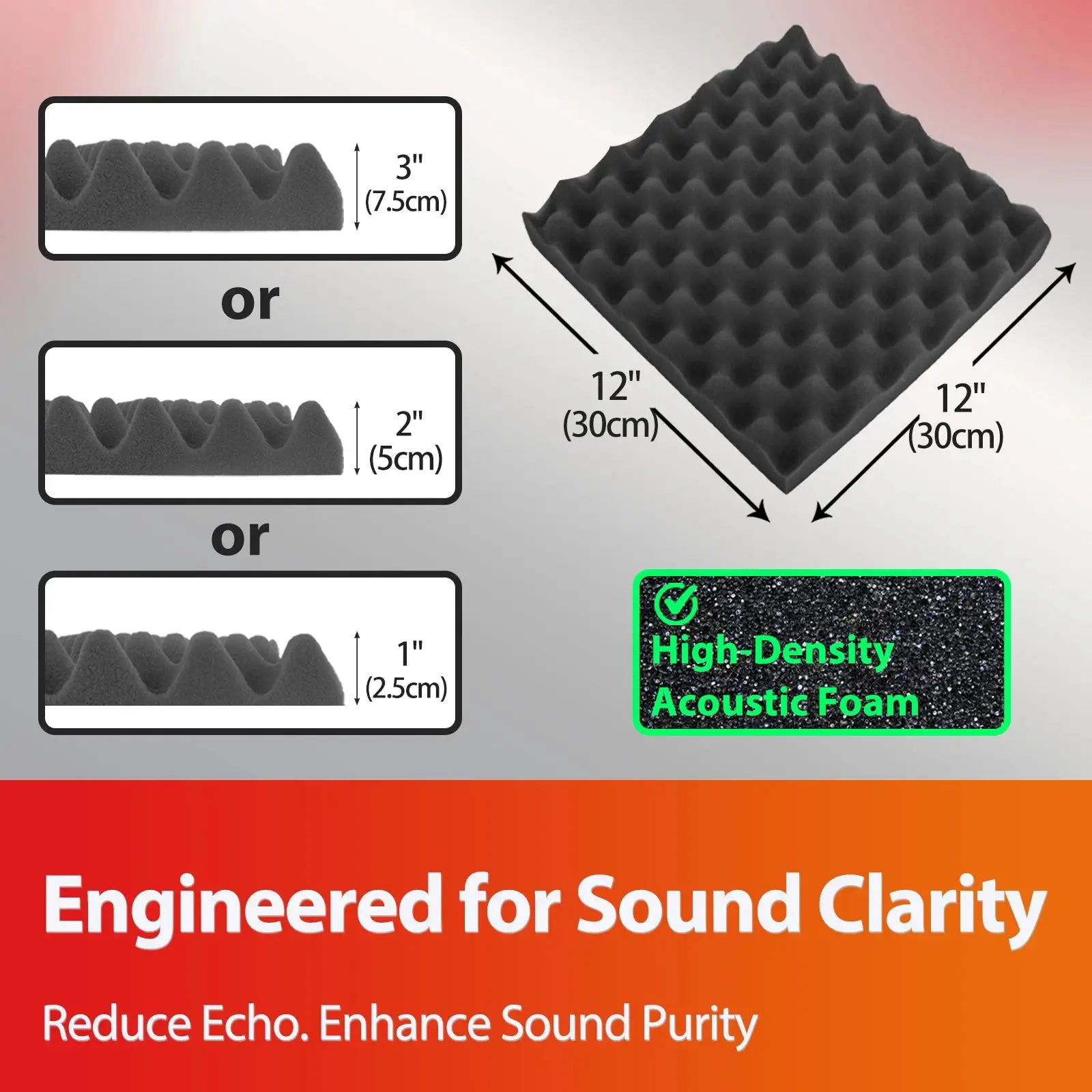 Gray egg-crate acoustic foam tile, 12x12 inches, 3-inch thick, high-density sound-absorbing material