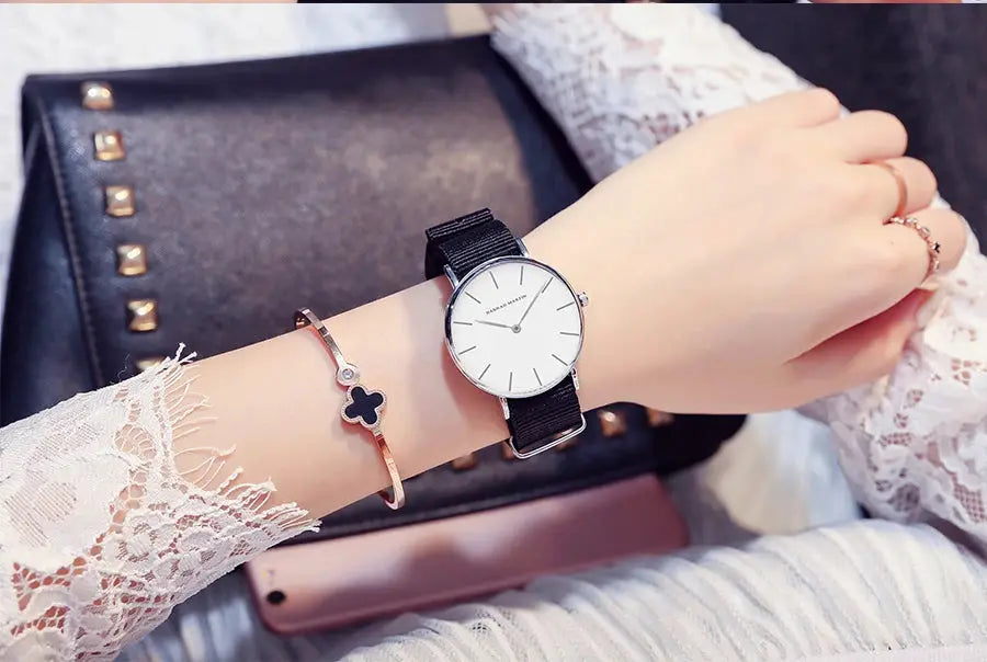 HANNAH MARTIN ladies watch with black leather strap, white dial, rose-gold case