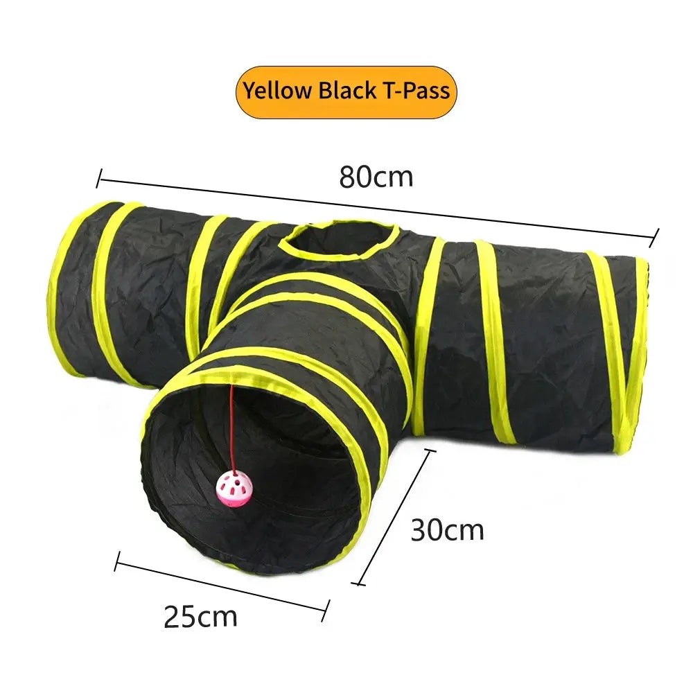 Foldable black cat tunnel with yellow trim, 80cm long, 25cm diameter, includes hanging ball toy