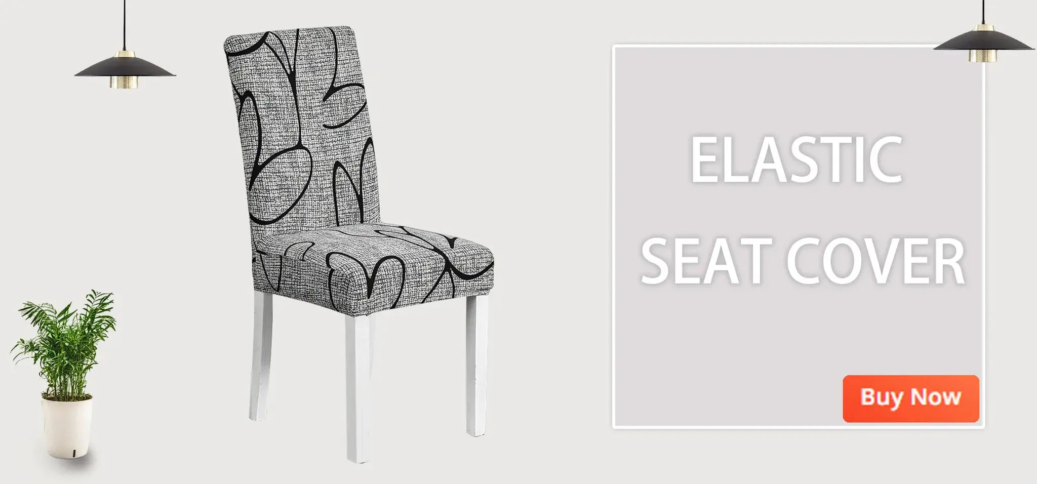 Elastic seat cover for living room chair, gray fabric with black abstract pattern