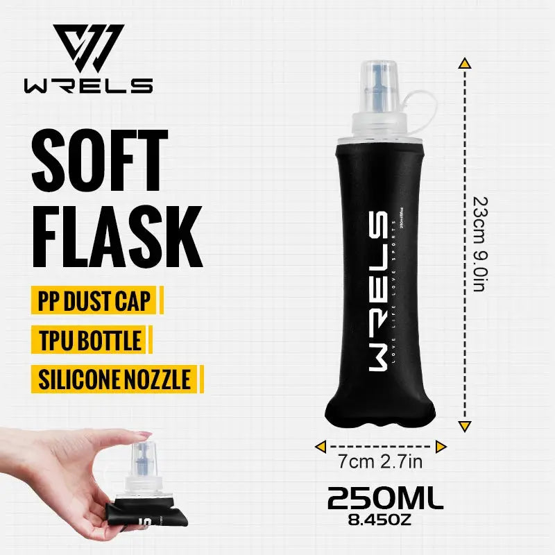 WRELS soft flask bottle, black TPU collapsible 250ml with silicone nozzle