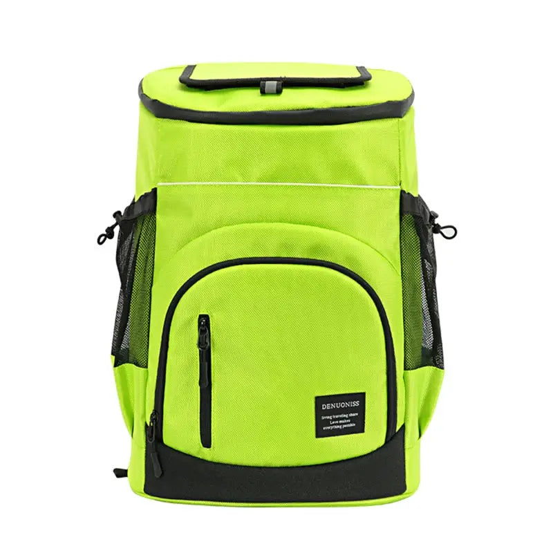 Insulated cooler backpack neon green with black zippers and DENOUNIS patch 30L