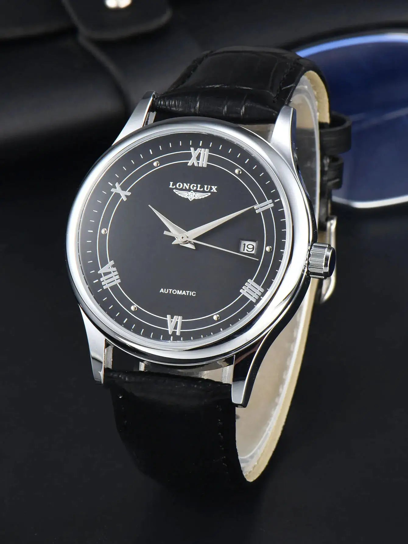 LONGLUX automatic men's wristwatch with black dial, silver case, black leather strap and date window