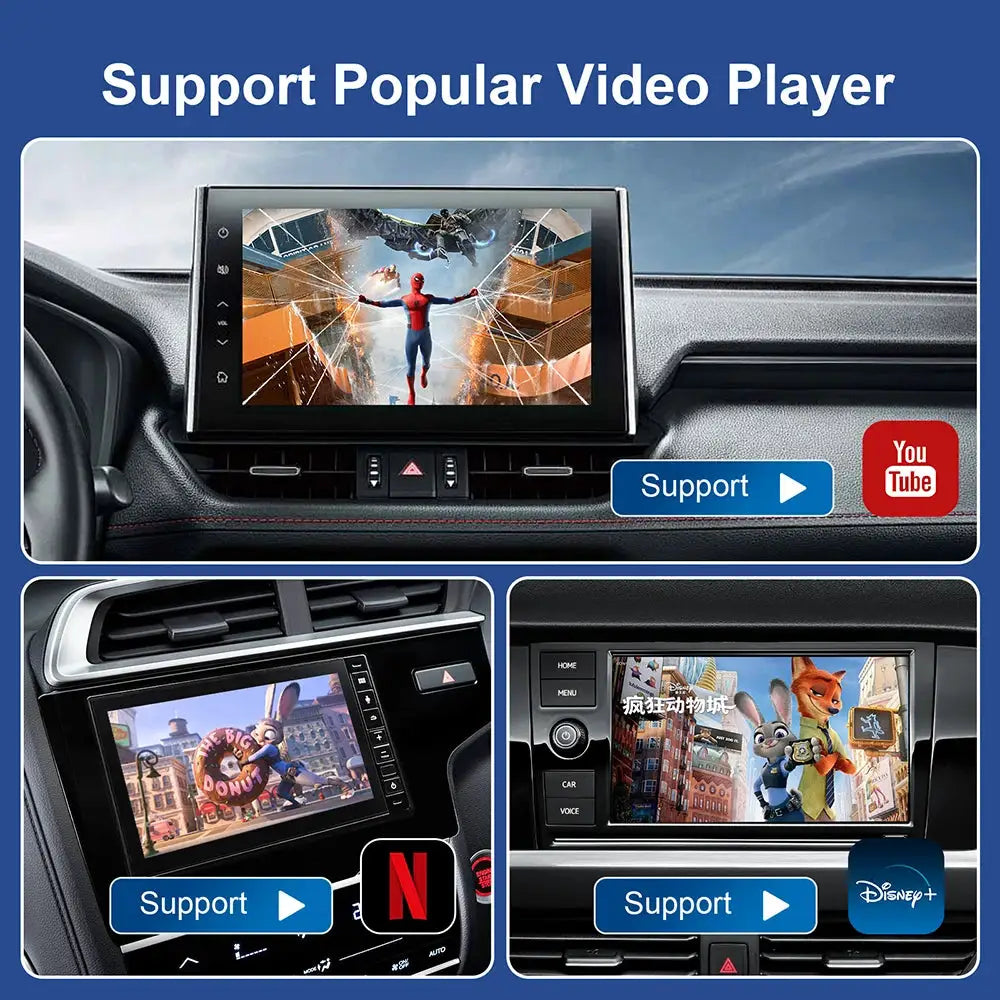 Android 13 car infotainment box with built-in Play Store; supports YouTube, Netflix and Disney+