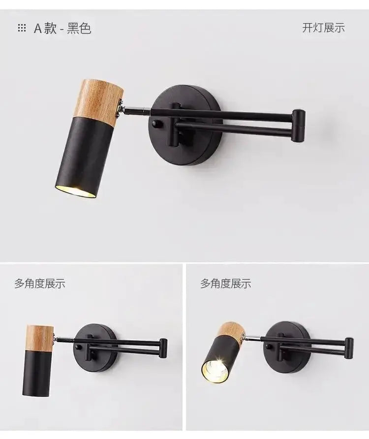 Modern wall-mounted reading lamp by Simples Market with black metal arm and wood shade, adjustable
