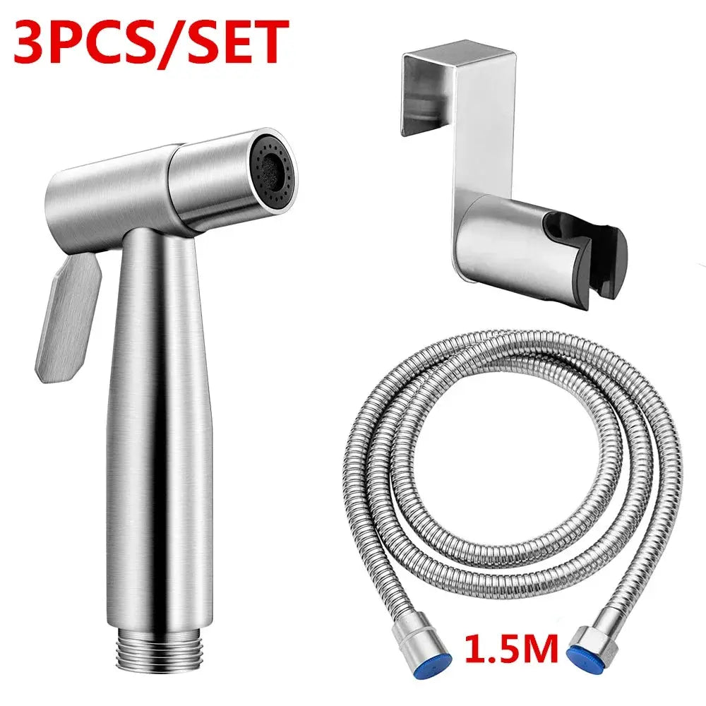 Handheld toilet bidet spray set in stainless steel with 1.5m hose and wall mount, Simples Market 3-piece kit