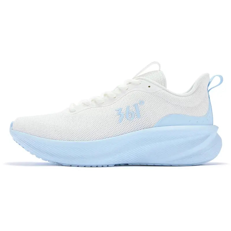 361 Degrees Fengye 5.0 running shoes with white mesh upper, light blue sole, 361° logo