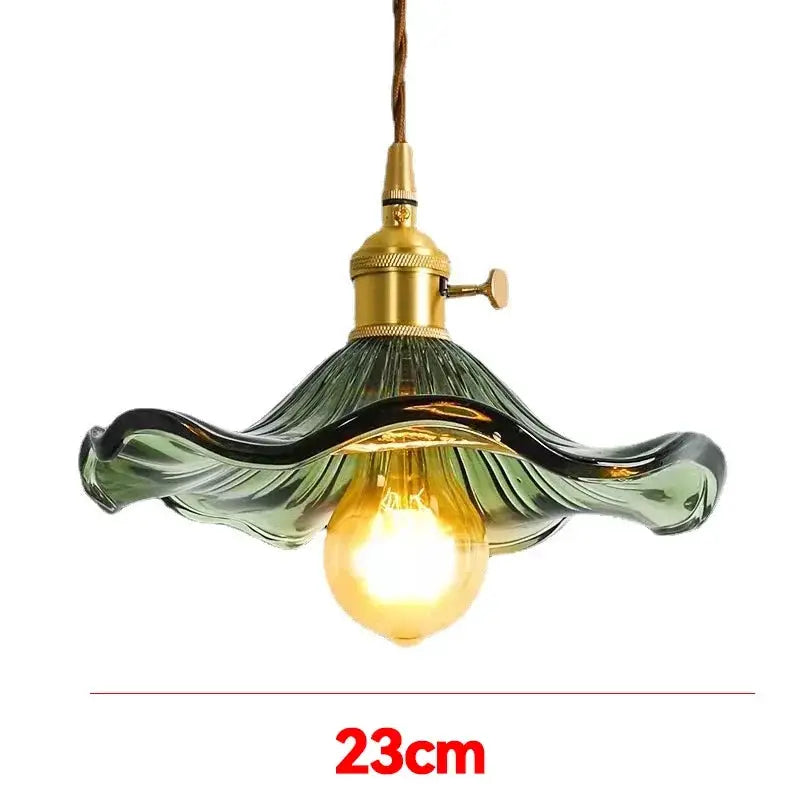 Nordic minimalism LED pendant light with green glass shade and copper hardware by Simples Market, 23 cm diameter.