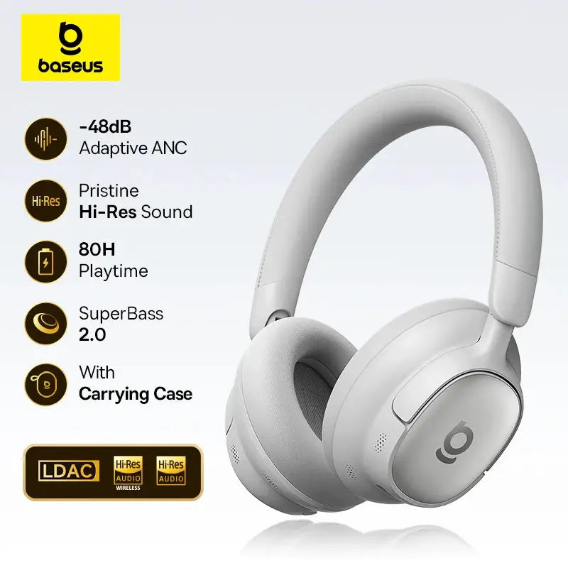 Baseus Bowie MH1 over-ear wireless headphones in white with 48dB adaptive ANC and LDAC Hi-Res sound