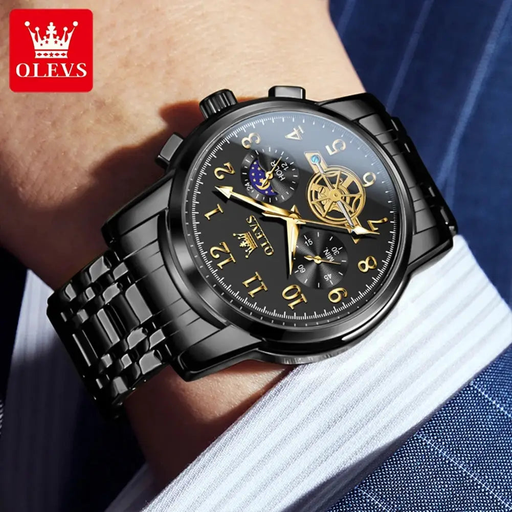 Moon phase skeleton chronograph watch, black stainless steel with gold-tone hands, by OLEVS