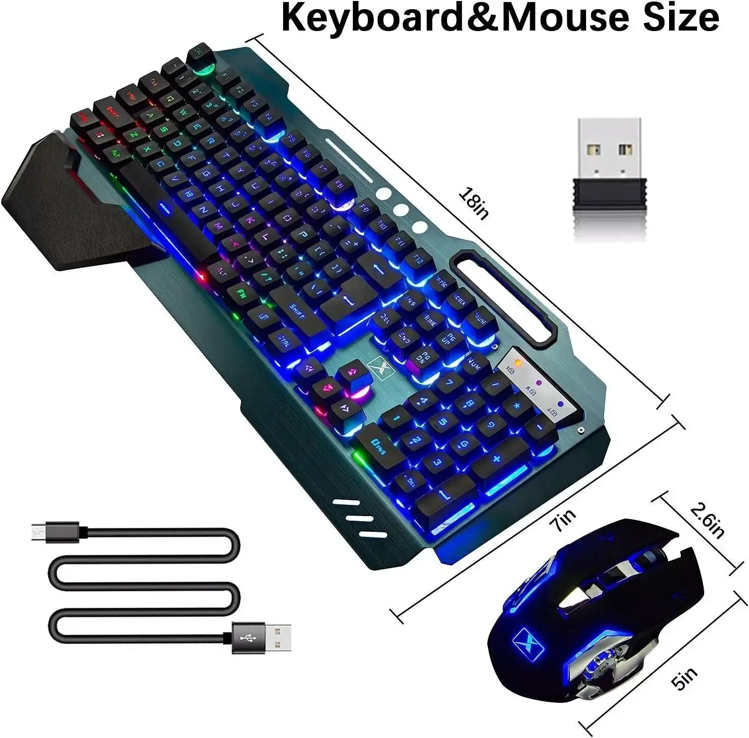 Simples Market wireless gaming keyboard and mouse set with rainbow RGB backlit keyboard, 7-color mouse, and pad
