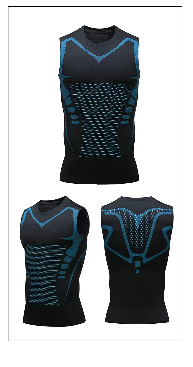 Simples Market men's compression tank top, black with blue printed panels and quick-dry gym vest