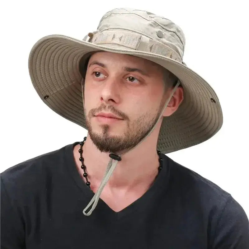Simples Market men's wide-brim bucket hat with UV protection in beige
