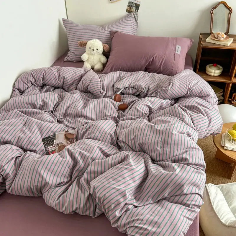 Bedding set INS pink base with blue stripes duvet cover, pillowcases and bedsheet by Simples Market