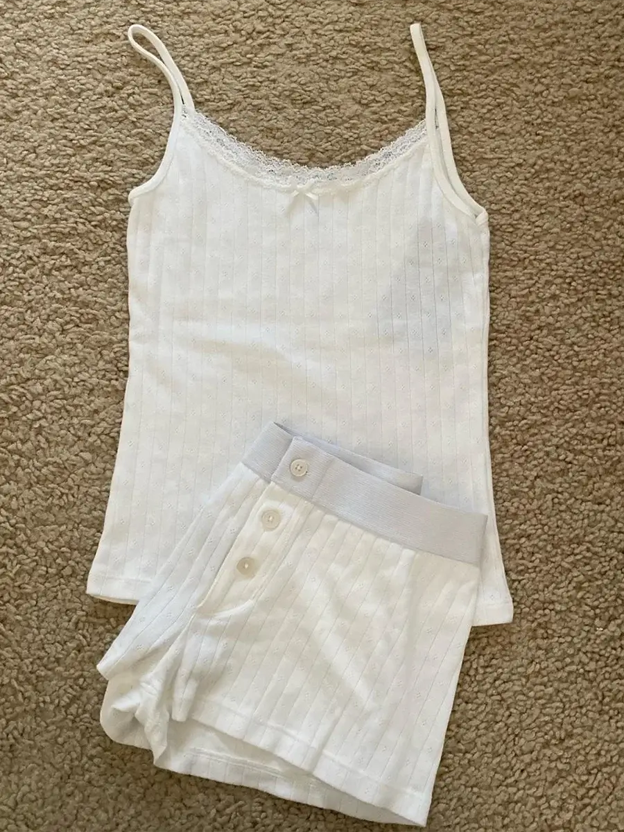 Strawberry Print Vest And Shorts Set For Women Eyelet Bow Tank Top