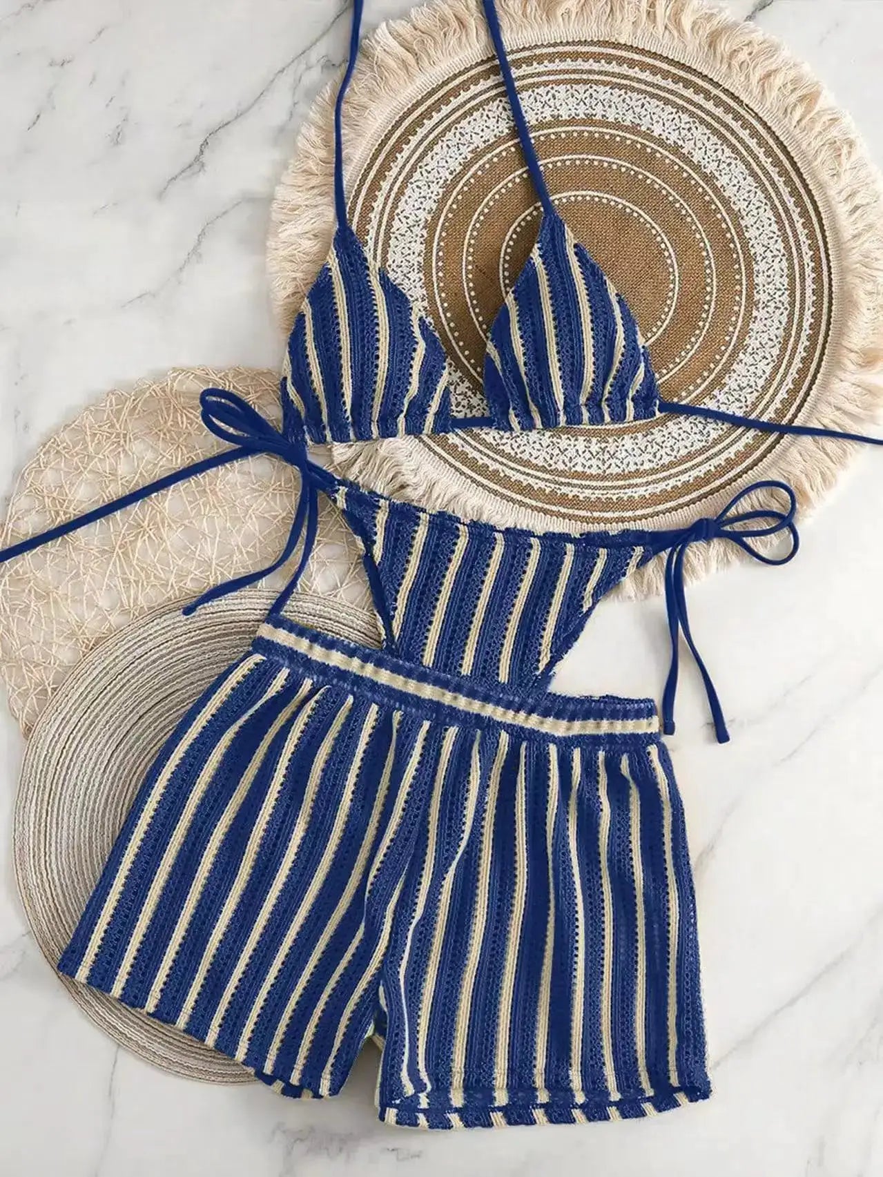 Simples Market three-piece blue striped mesh swimsuit set with neck lace-up triangle bikini top and matching bottoms