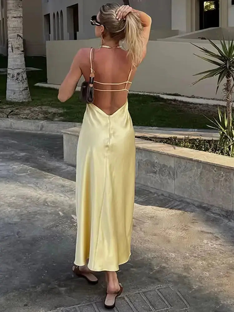 HH Women Summer Yellow V Neck Sling Dress Lightweight Sleeveless Maxi For Effortless Elegance
