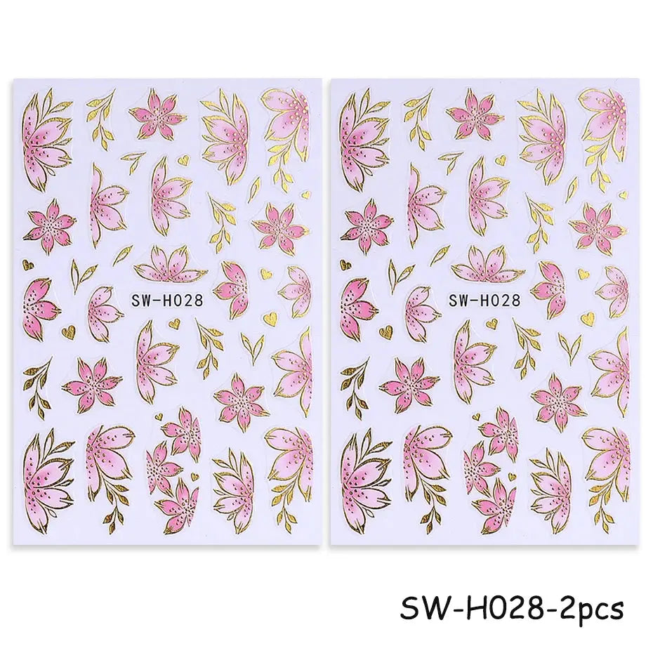Simples Market 2 sheets of golden pink hibiscus nail stickers with bronze borders for DIY manicure
