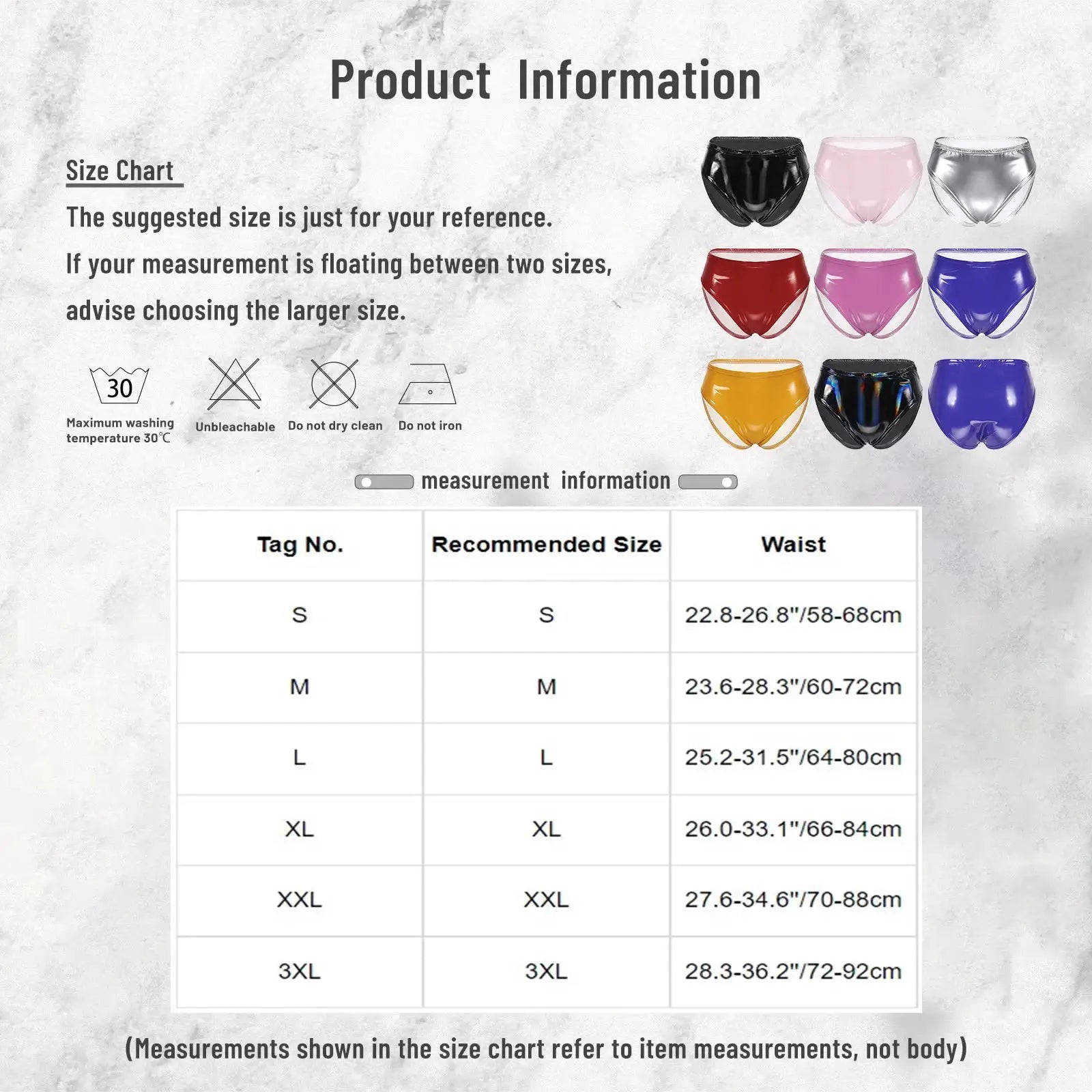 Women's wet-look patent leather briefs in 9 colors by Simples Market; size chart shown.