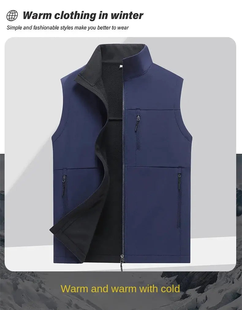 Simples Market navy blue men's soft-shell vest, sleeveless with black lining and zip pockets.