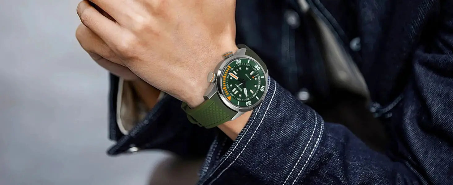 BERNY automatic dive watch with green dial and green rubber strap worn on a wrist.