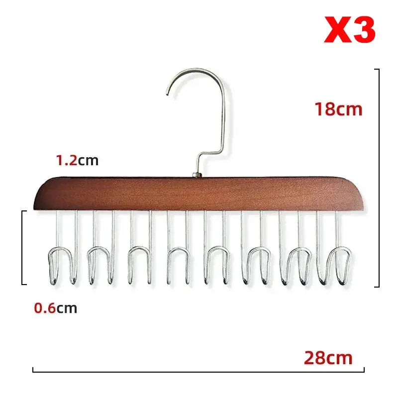 Three-piece wooden-bar bra hanger with metal hooks, 28cm wide, 18cm tall, for bras, ties, belts
