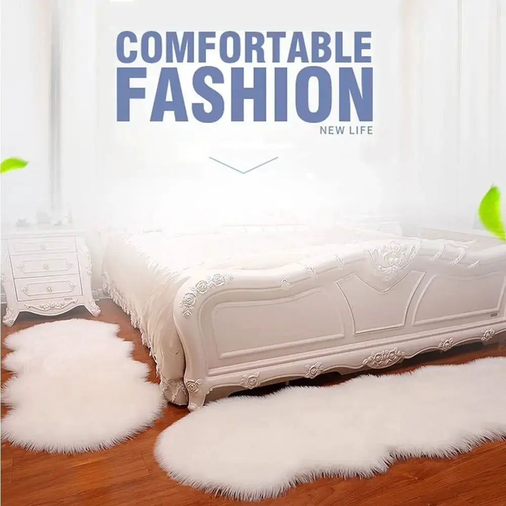 Simples Market artificial sheepskin long-hair rug set; white fluffy faux fur bedroom mats for cozy decor