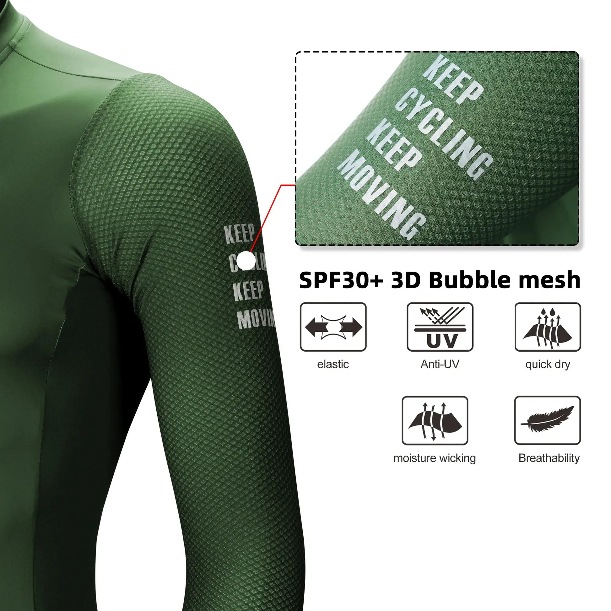 DAREVIE cycling jersey in green with dotted mesh texture and KEEP MOVING print