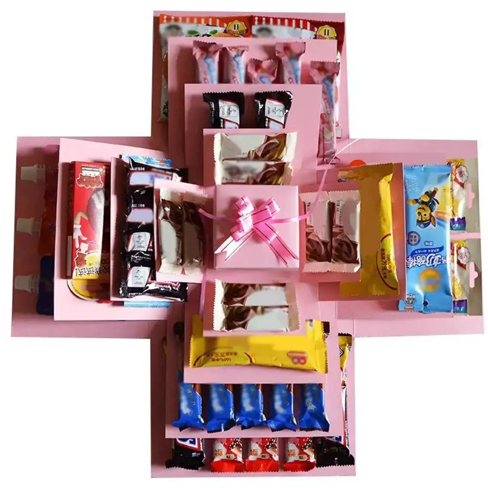 Pink DIY explosion photo album gift box scrapbook filled with candies and snacks