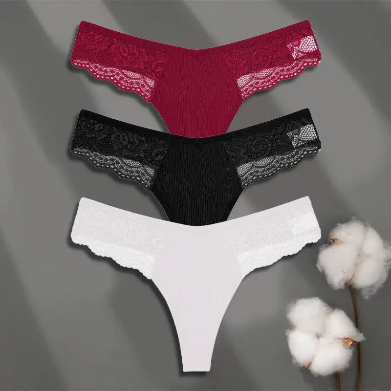 Women's cotton lace thong underwear three-pack in pink, black, and white by Simples Market