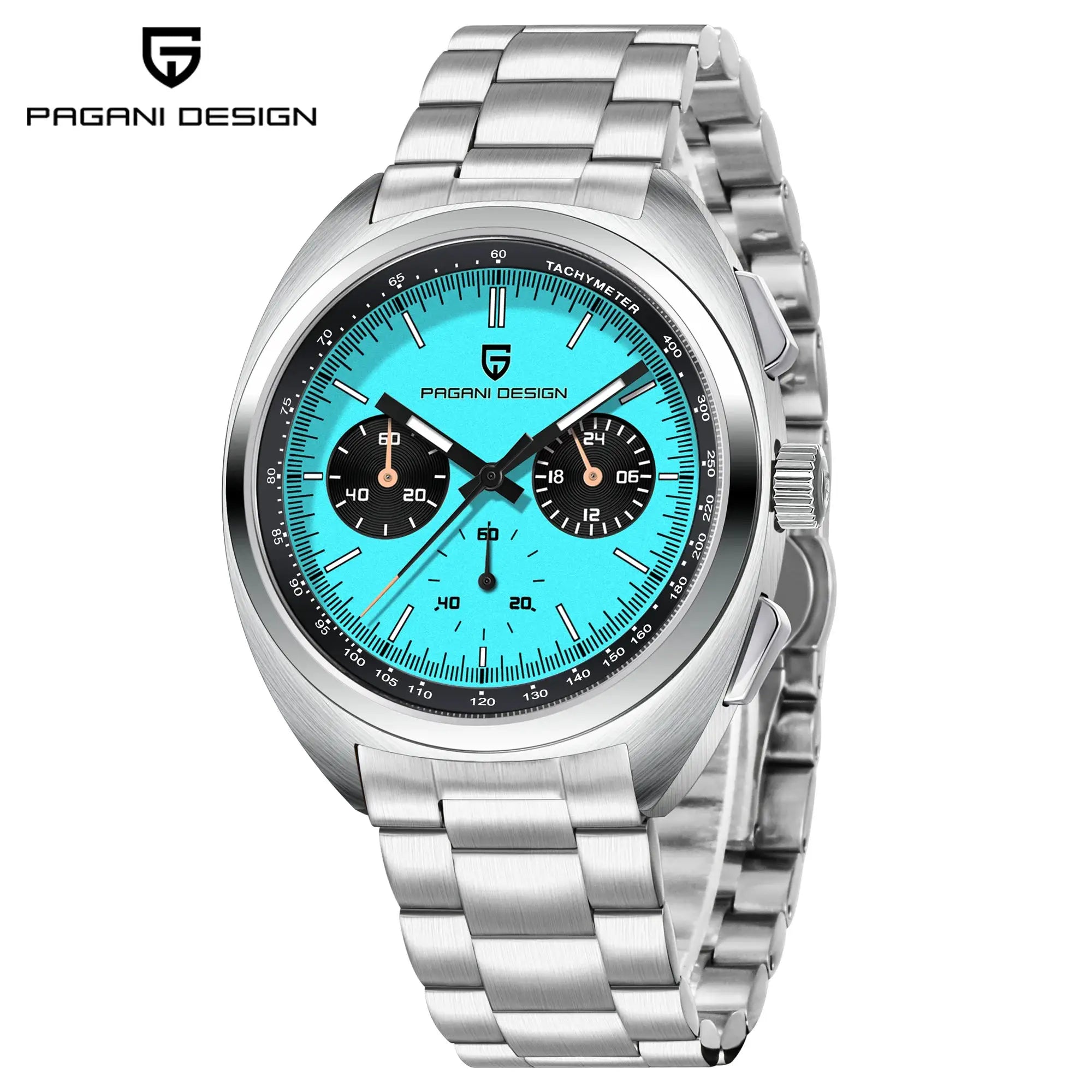 Pagani Design men's stainless steel watch with turquoise panda dial, sapphire glass, chronograph subdials