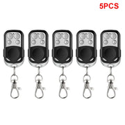 Garage door remote controls, 5-pack, universal 4-button, silver with black silicone grip and metal keychain